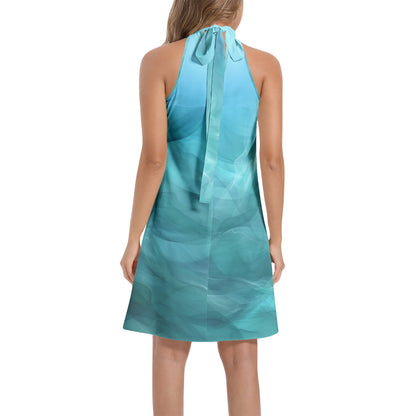 Neduz Elements Flow Aquatic Smoke Tie Back Halter Neck Flared Dress