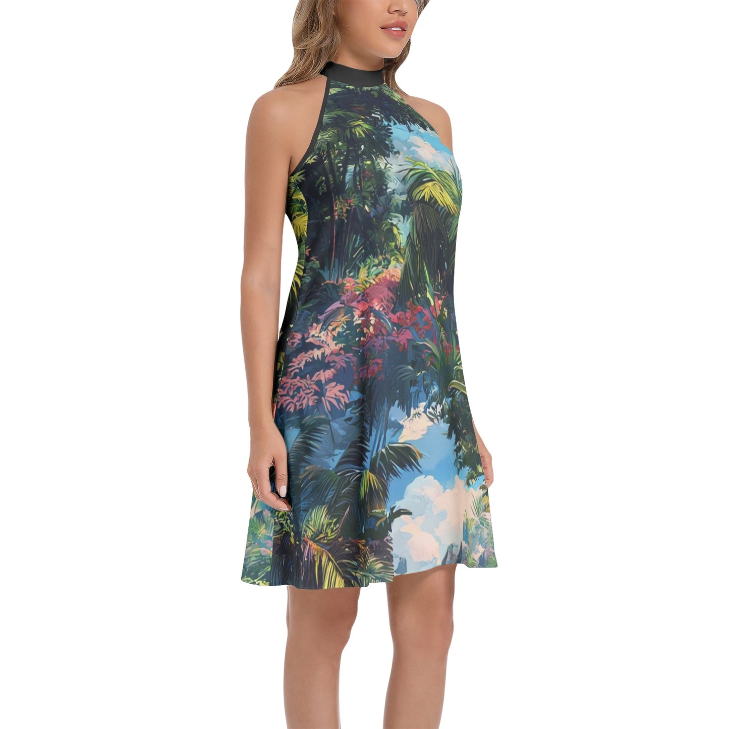 Neduz Tropical Paradise Tie-Back Halter Dress