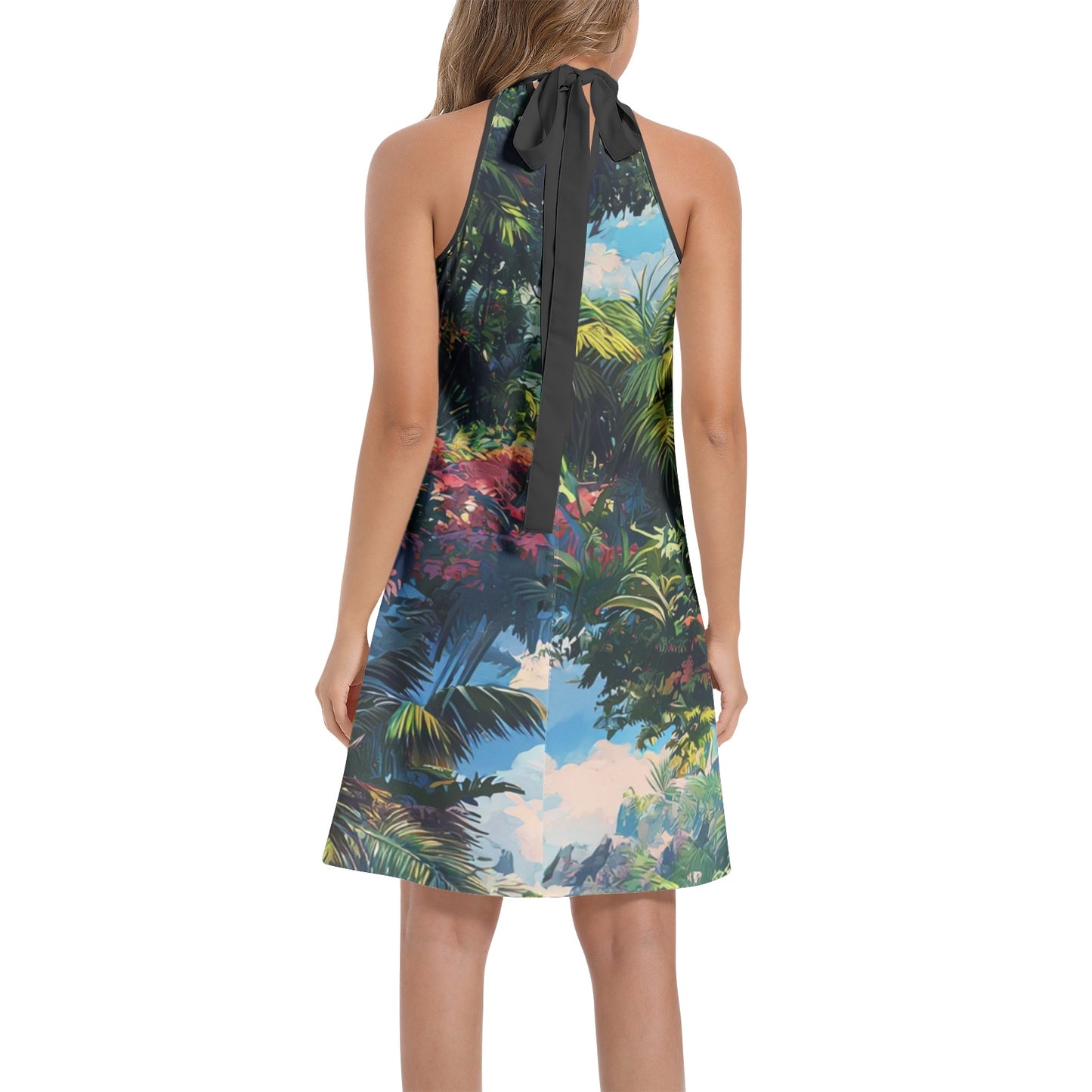 Neduz Tropical Paradise Tie-Back Halter Dress