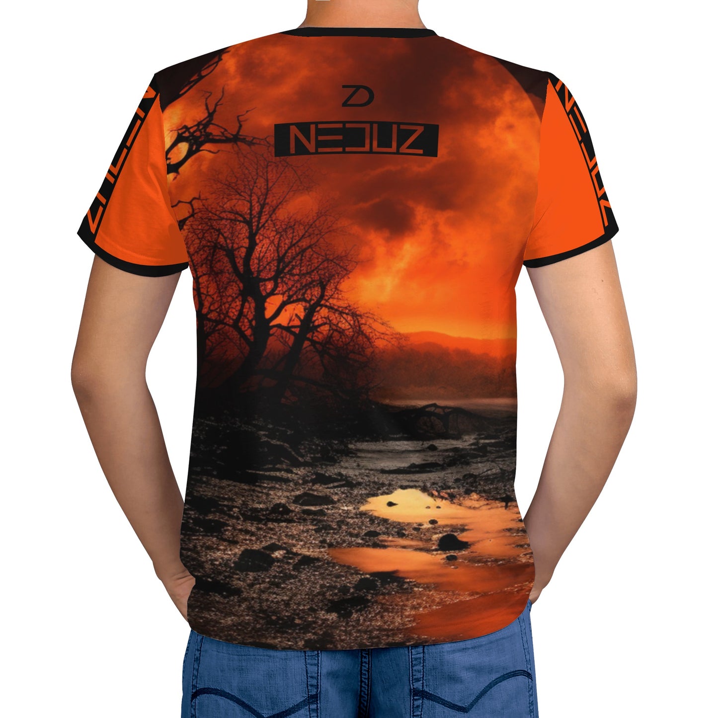 Neduz Mens Crimson Sun T-shirt: Stand Out from the Crowd with Our Unique and Handmade Design