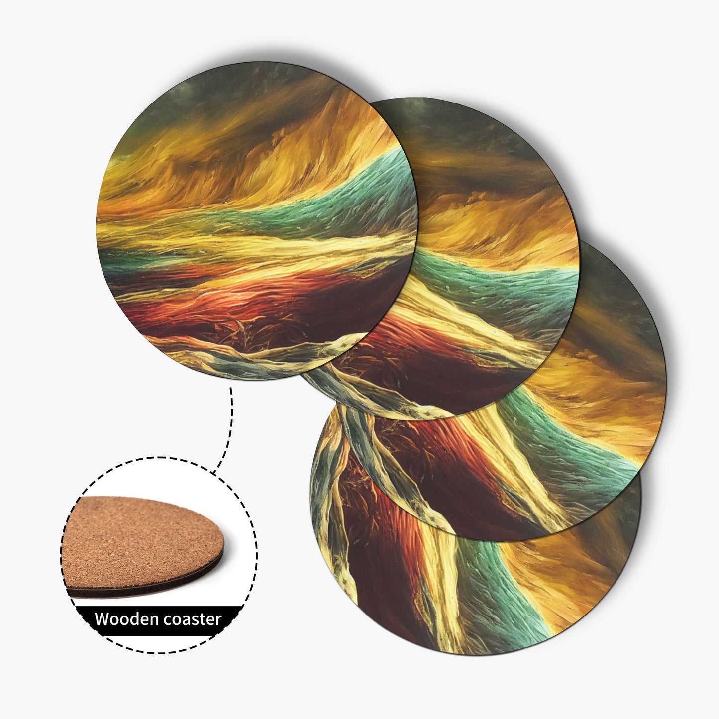 Neduz Colorful Tsunami Abstract Art 4-Piece Round Wood Coaster Set
