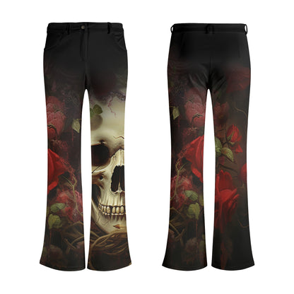 Neduz Rose Skull Flare Pants | Womens Gothic Art Bell Bottoms | Trendy Gothic Art Trousers