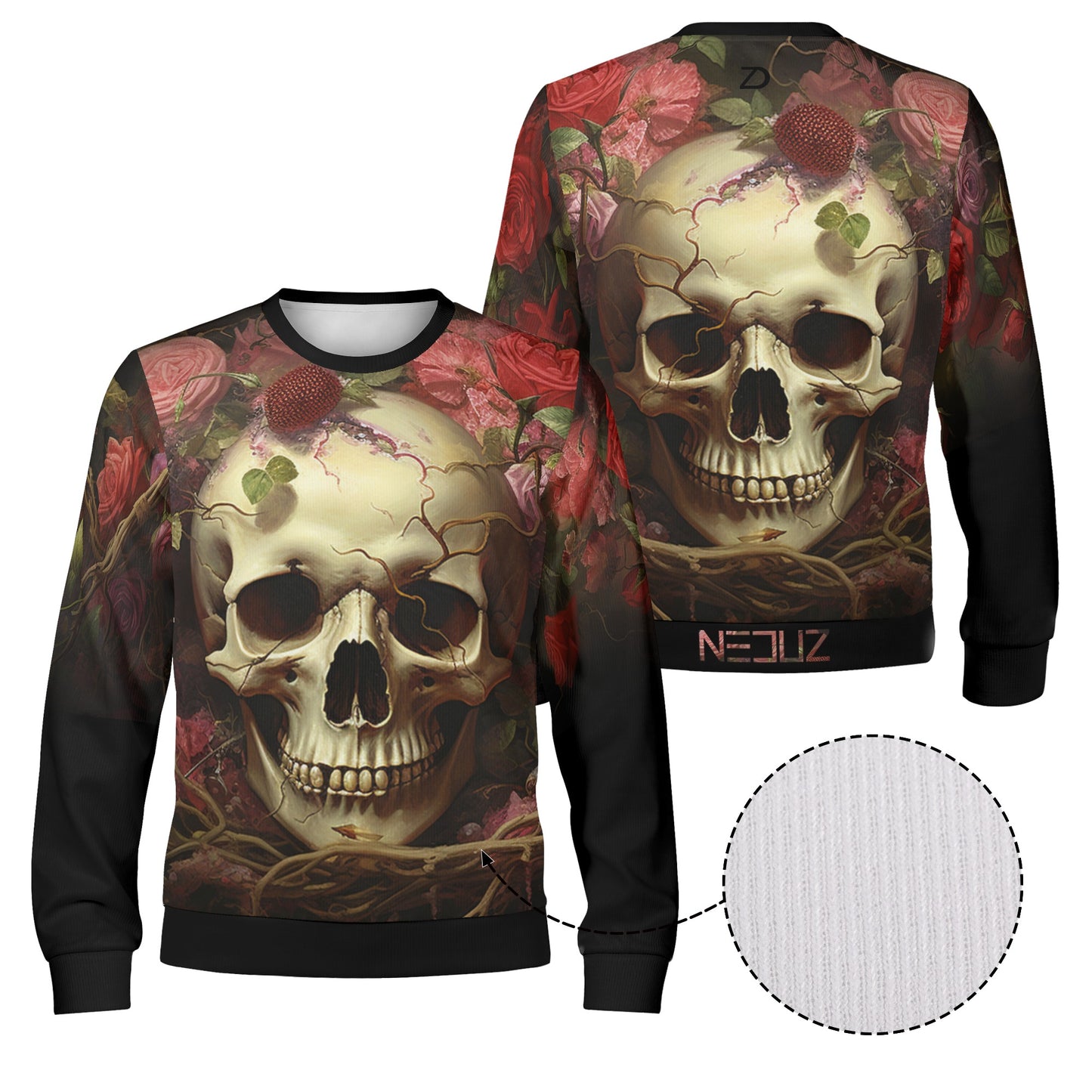 Neduz Rose Skull Unisex Gothic Pullover | Artistic Festival Crew Neck Sweatshirt | Trendy All-Over-Print Sweater