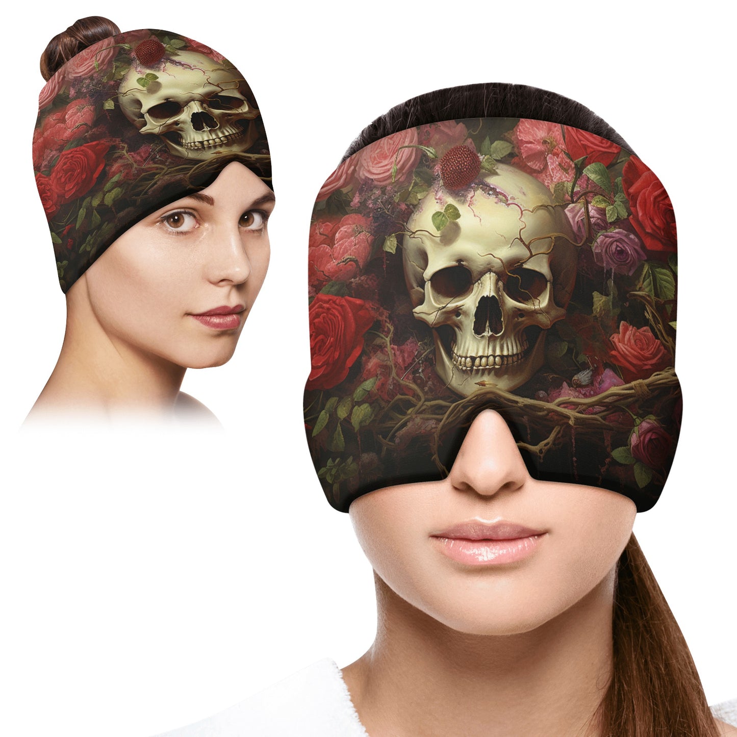 Neduz Rose Skull Gothic Ice Head Wrap | Migraine Relief Compression Hat | Non-Toxic Gel Cold Therapy Band