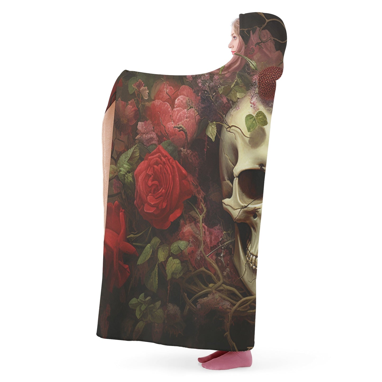 Neduz Rose Skull Gothic Art Hooded Throw Blanket