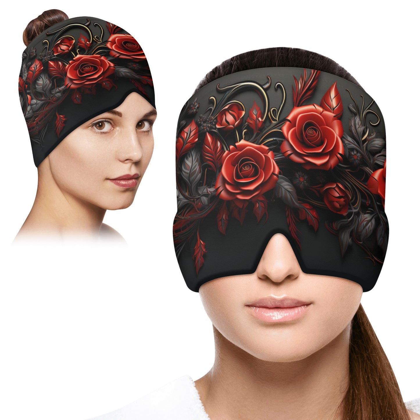 Neduz Designs Rose Print Ice Head Wrap - Adjustable Migraine Relief Compression Hat