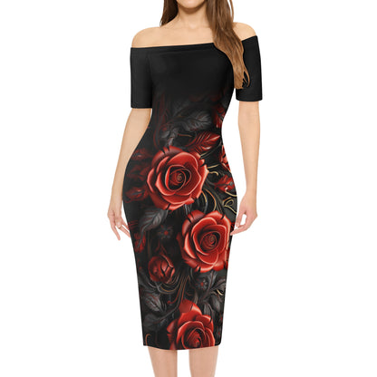 Neduz Designs Off-The-Shoulder Pencil Dress - Womens Elegant Office Lady Dress with Rose Print