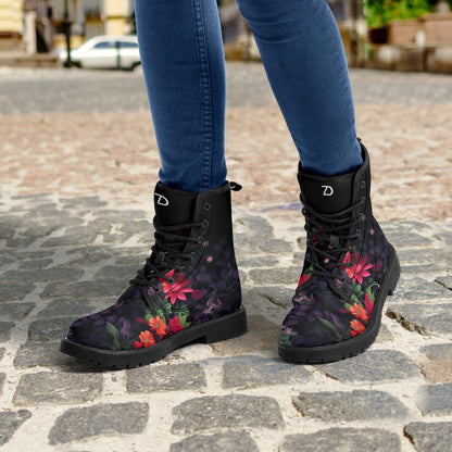 Neduz Designs Artified Womens Floral Combat Boots - Eco-Friendly Leather, Black Gum Rubber Outsole