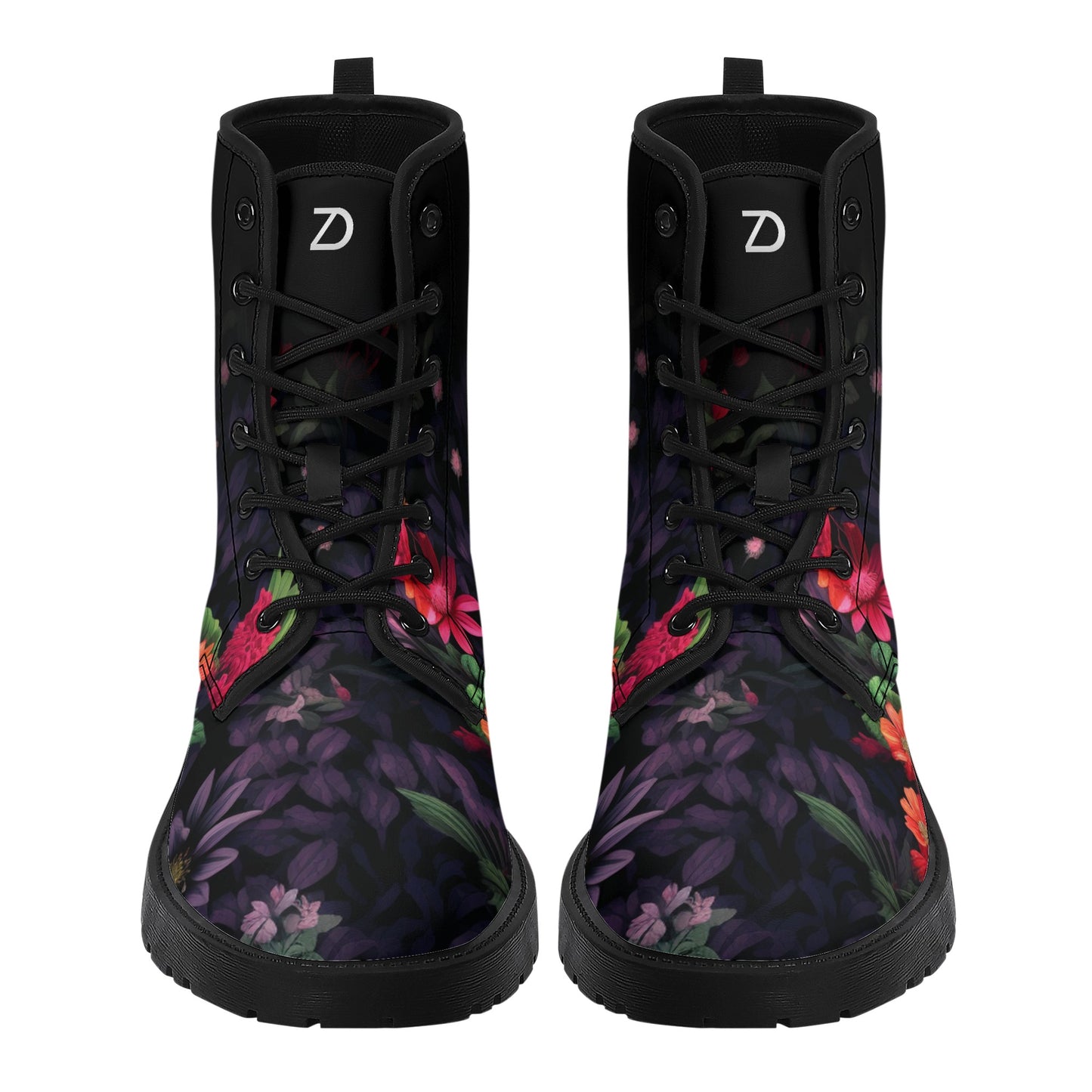 Neduz Designs Artified Womens Floral Combat Boots - Eco-Friendly Leather, Black Gum Rubber Outsole