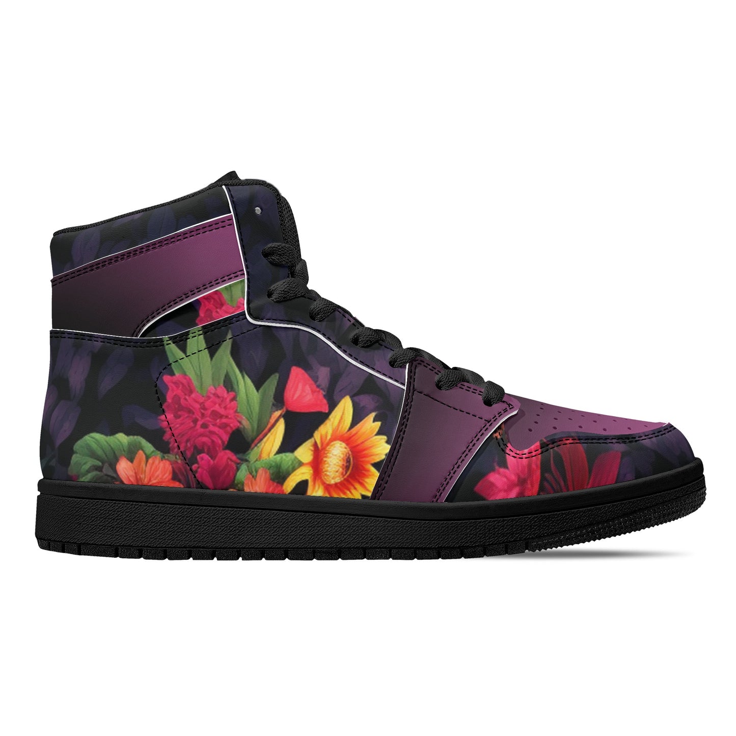 Neduz Designs Artified Womens Black Floral High Top Leather Sneakers
