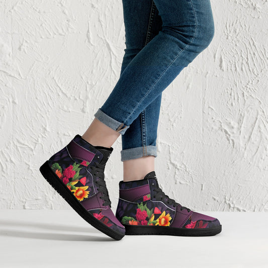 Neduz Designs Artified Womens Black Floral High Top Leather Sneakers