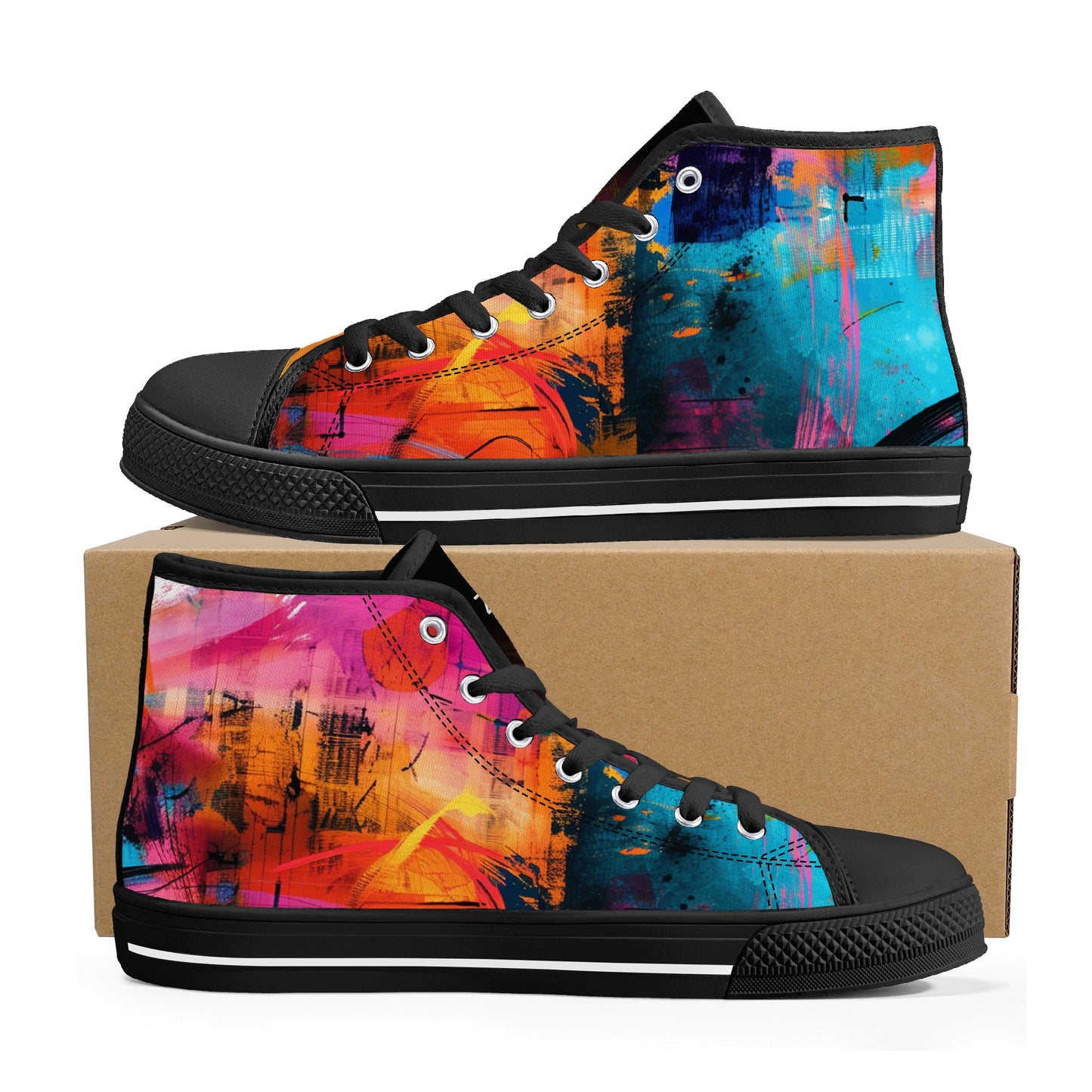 Artified Abstract High Top Canvas Shoes - Neduz Womens Orange & Blue Sneakers