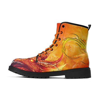 Neduz Unisex Fiery Magma Dragon Print Leather Boots - Eco-Friendly, Waterproof