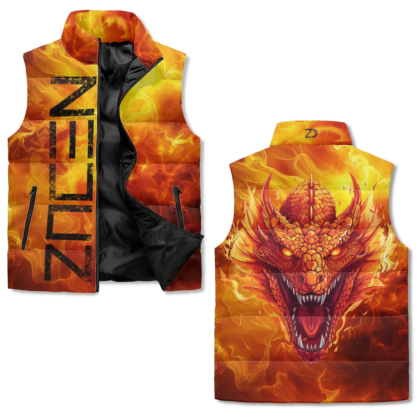 Neduz Fiery Dragon Unisex Lightweight All Over Printing Stand Collar Zip Up Puffer Vest