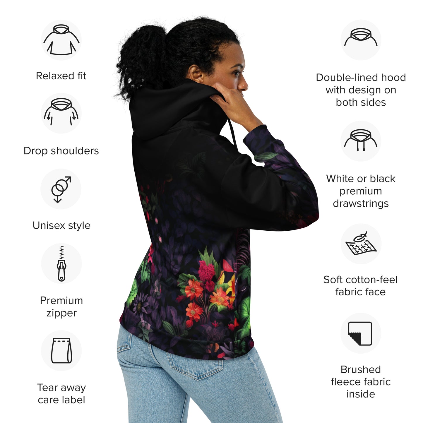 Neduz Floral Dark Background Unisex Zip Hoodie - Eco-Friendly Recycled Polyester with Soft Fleece Interior