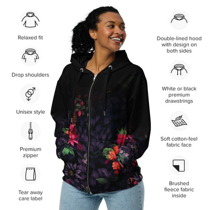 Neduz Floral Dark Background Unisex Zip Hoodie - Eco-Friendly Recycled Polyester with Soft Fleece Interior