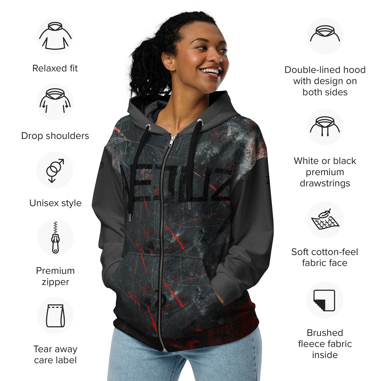 Neduz Merch Crimson Grunge Unisex Recycled Zip Hoodie - Sustainable Comfort & Style