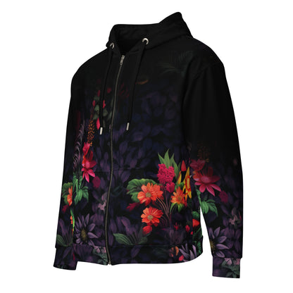 Neduz Floral Dark Background Unisex Zip Hoodie - Eco-Friendly Recycled Polyester with Soft Fleece Interior