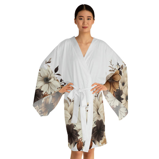 XS / White 1 Brown Flowered Long Sleeve Kimono Robe by Neduz