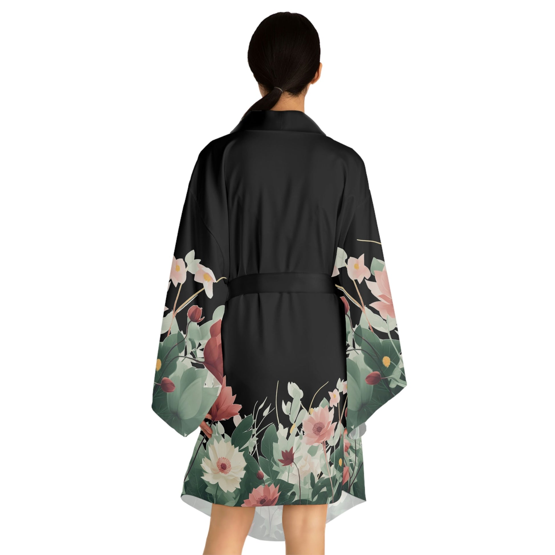 5 Flowers on Black Long Sleeve Kimono Robe by Neduz Designs