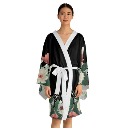 8 Flowers on Black Long Sleeve Kimono Robe by Neduz Designs