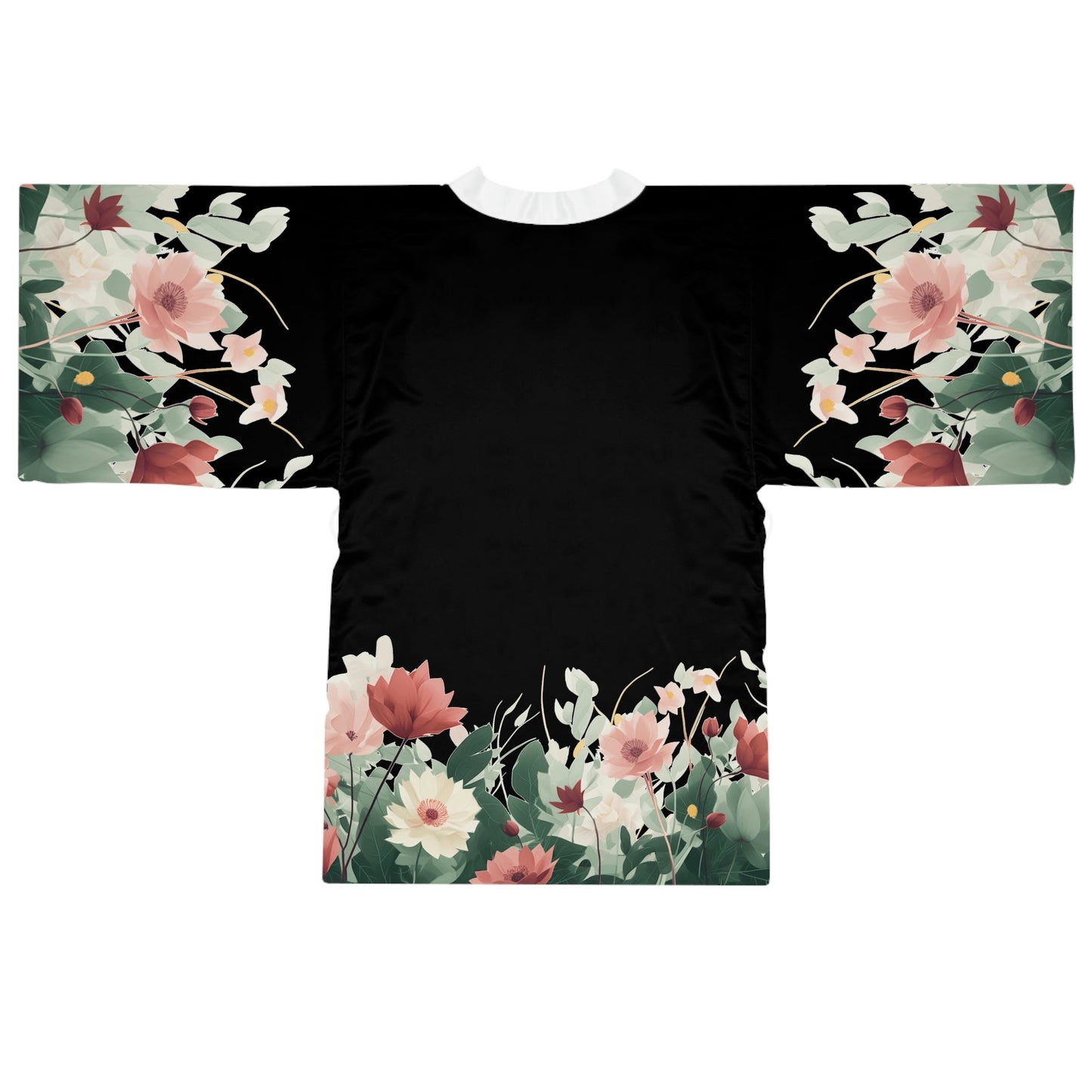 7 Flowers on Black Long Sleeve Kimono Robe by Neduz Designs