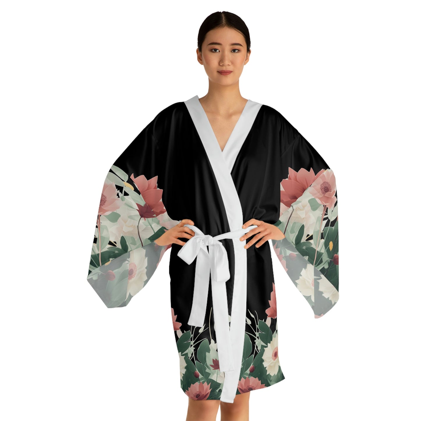 10 Flowers on Black Long Sleeve Kimono Robe by Neduz Designs