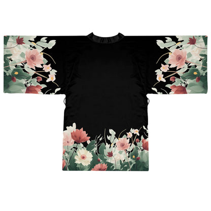 3 Flowers on Black Long Sleeve Kimono Robe by Neduz Designs