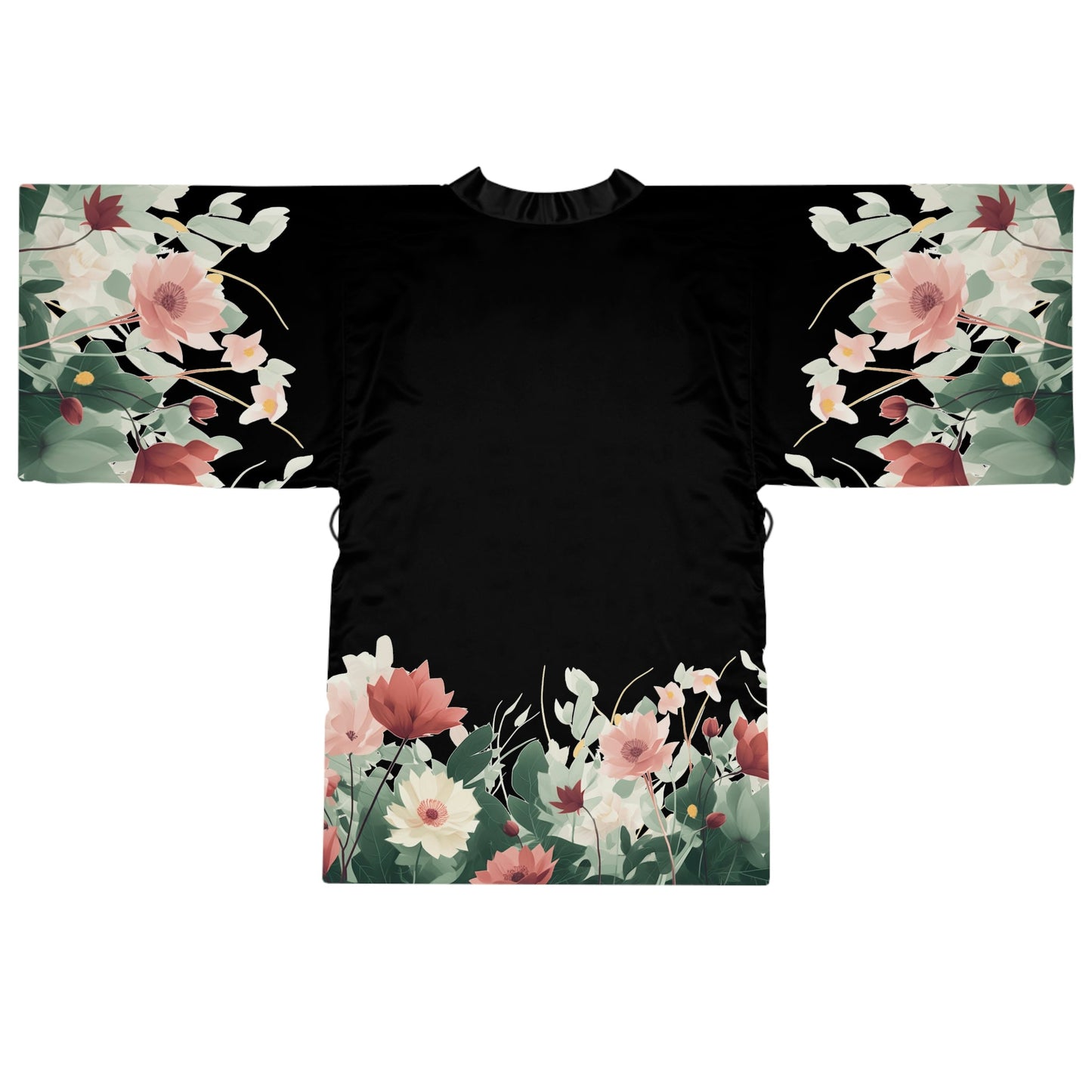 3 Flowers on Black Long Sleeve Kimono Robe by Neduz Designs