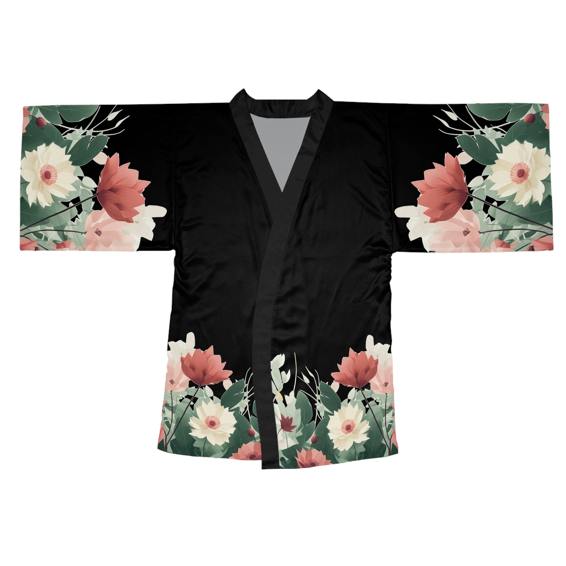 2 Flowers on Black Long Sleeve Kimono Robe by Neduz Designs