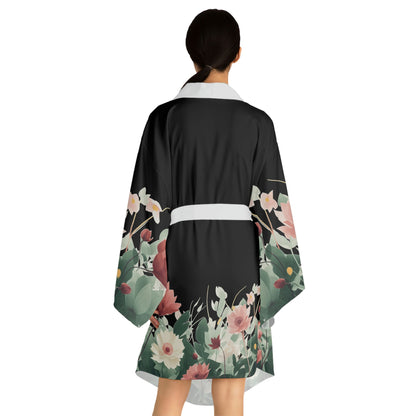 9 Flowers on Black Long Sleeve Kimono Robe by Neduz Designs