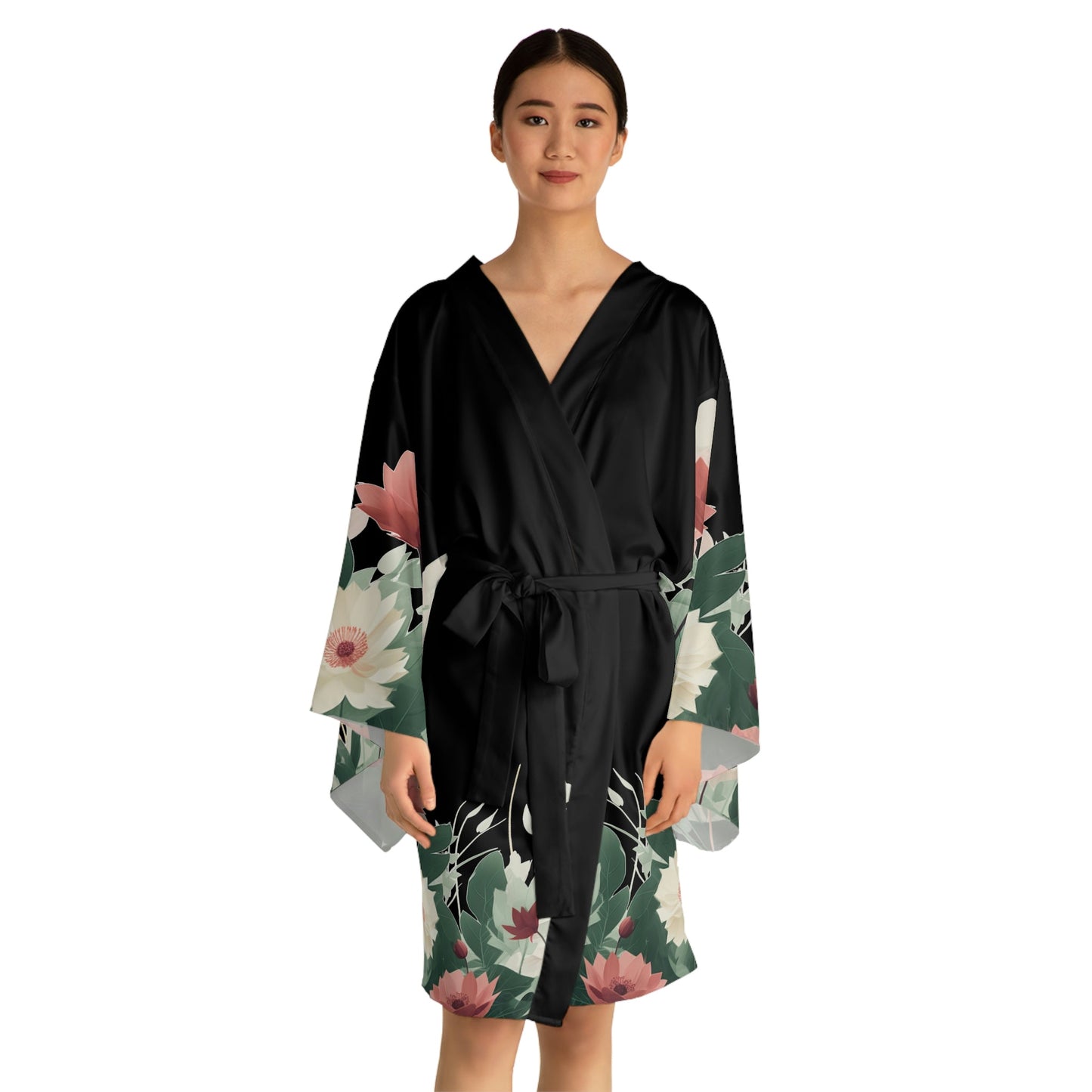 4 Flowers on Black Long Sleeve Kimono Robe by Neduz Designs