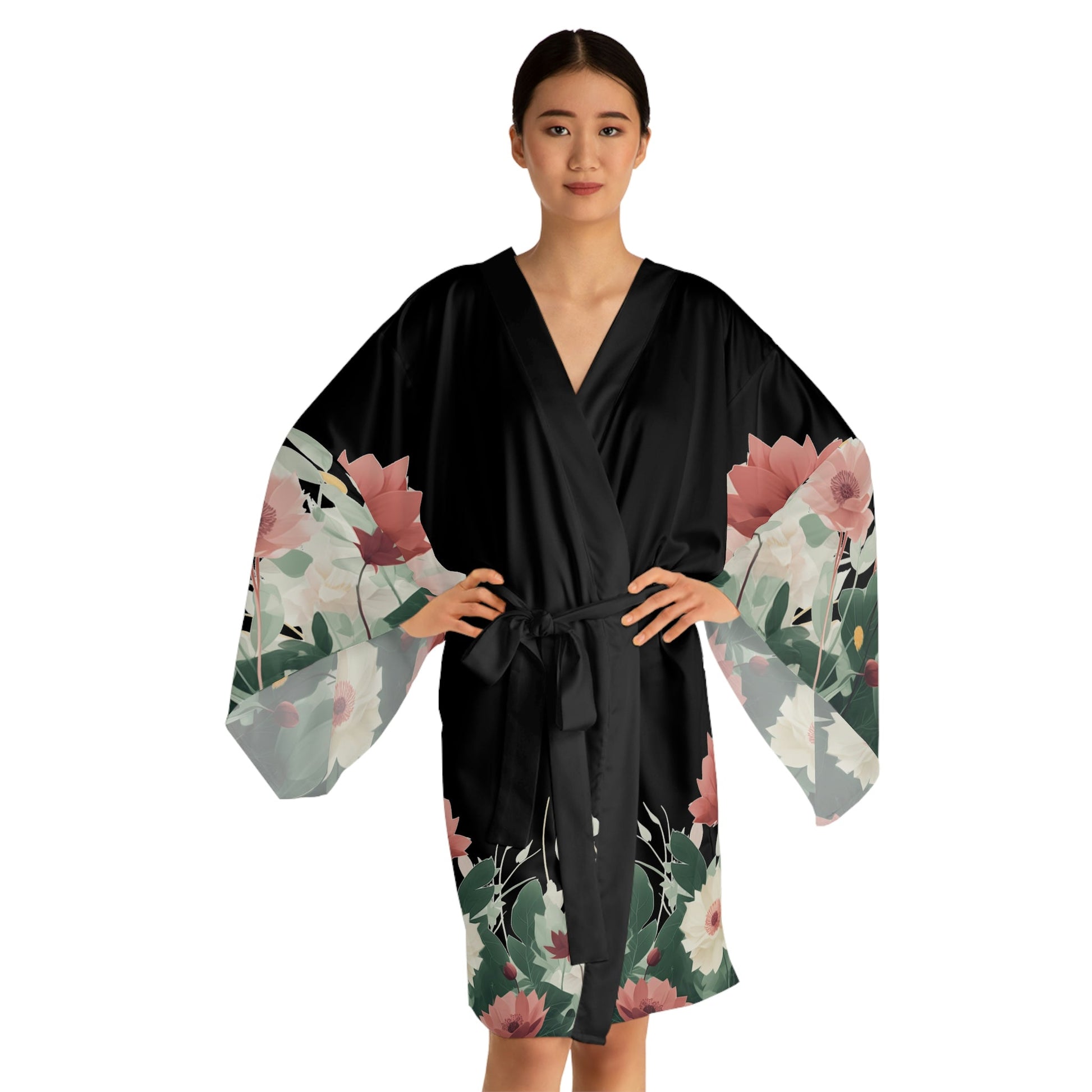 XS / Black 1 Flowers on Long Sleeve Kimono Robe by Neduz