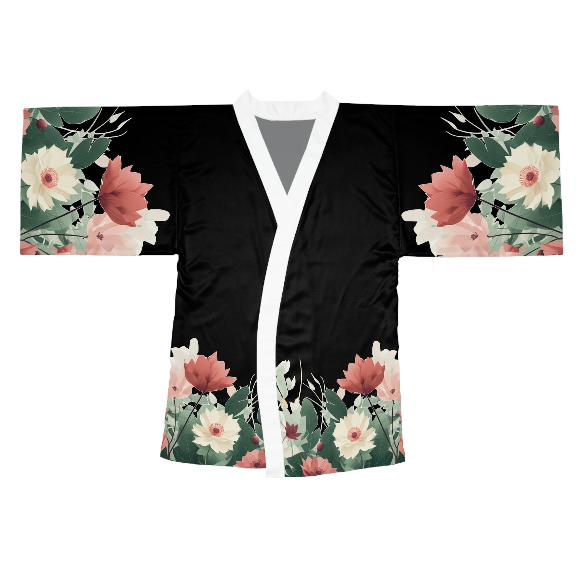 XS / White 6 Flowers on Black Long Sleeve Kimono Robe