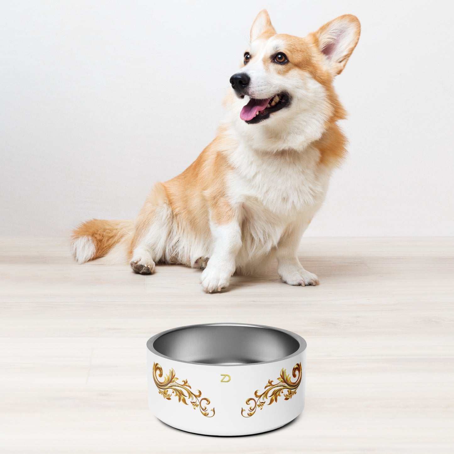 Neduz Luxury Golden Ornamental White Pet Bowl - Stainless Steel with Anti-Slip Base, Dishwasher Safe