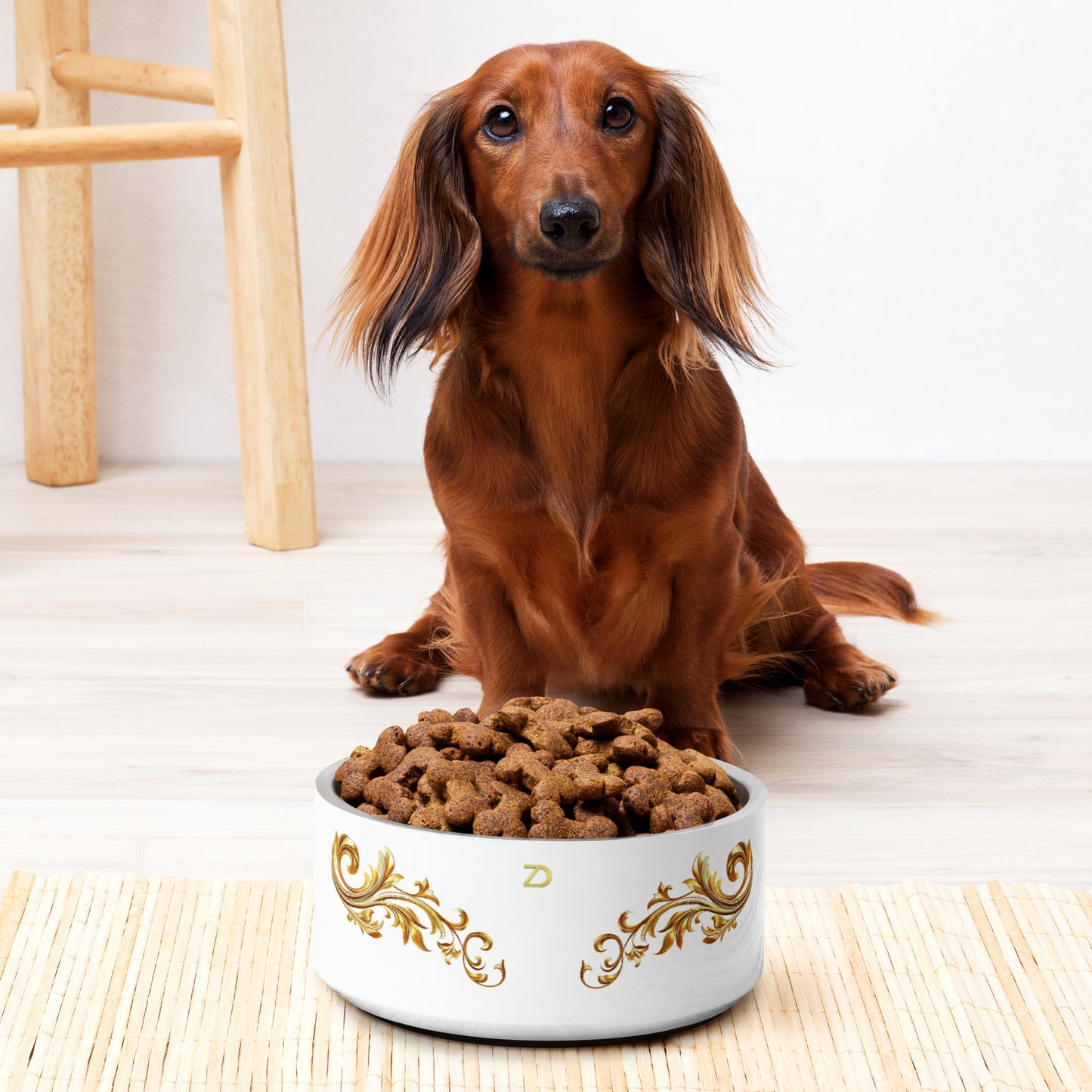 Neduz Luxury Golden Ornamental White Pet Bowl - Stainless Steel with Anti-Slip Base, Dishwasher Safe