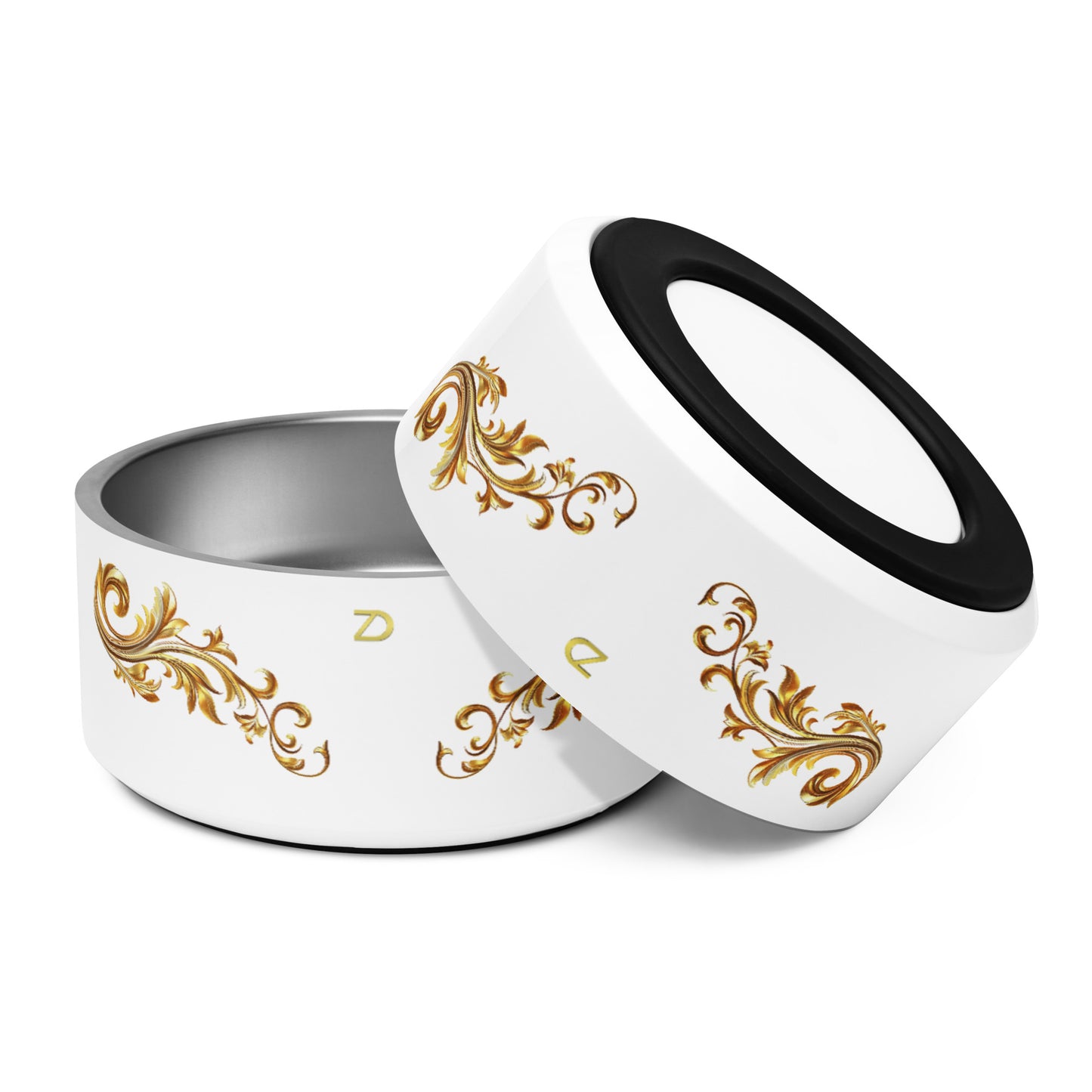 Neduz Luxury Golden Ornamental White Pet Bowl - Stainless Steel with Anti-Slip Base, Dishwasher Safe