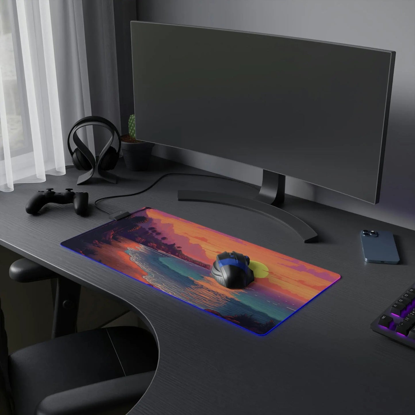 13 Pixel Art Sunset Beach LED Gaming Mouse Pad with 14