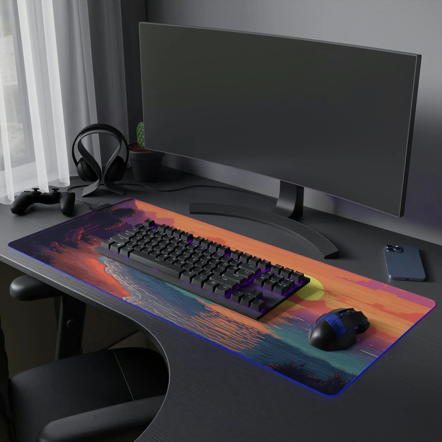 27 Pixel Art Sunset Beach LED Gaming Mouse Pad with 14