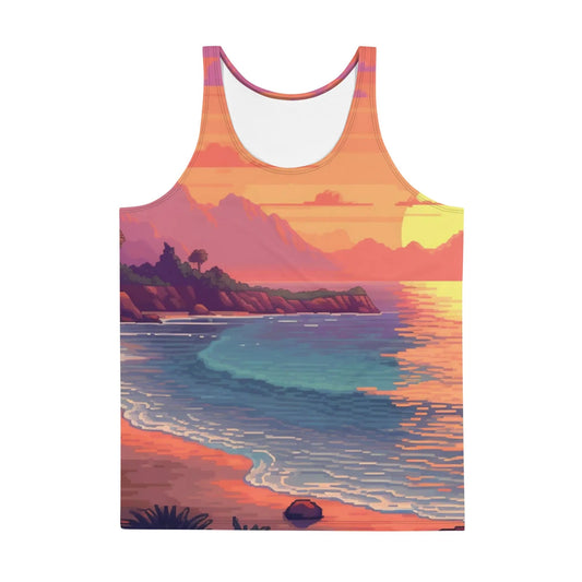 XS 1 Pixel Art Sunset Beach Unisex Tank Top by Neduz Designs