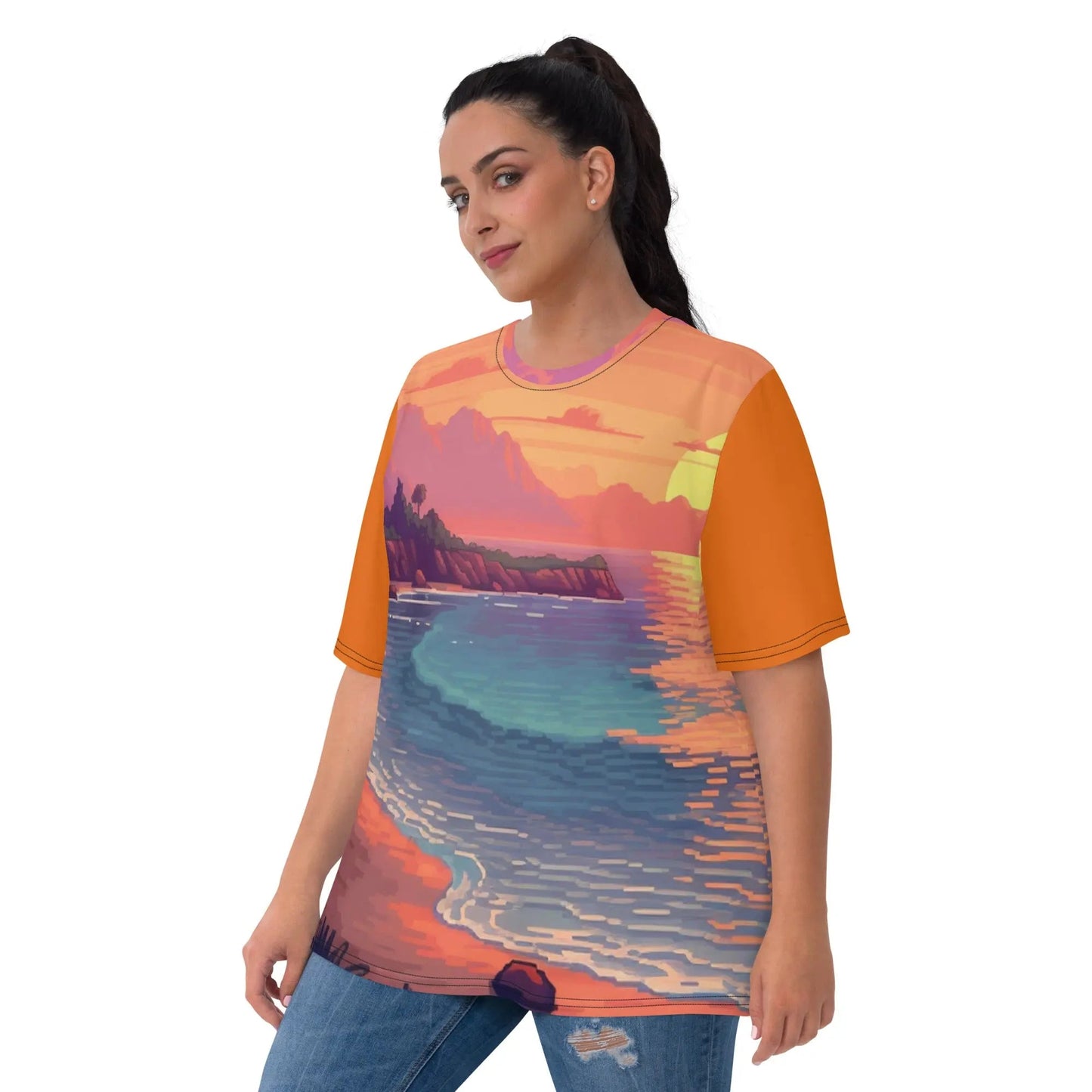3 Pixel Art Sunset Beach Women’s T-shirt by Neduz Designs