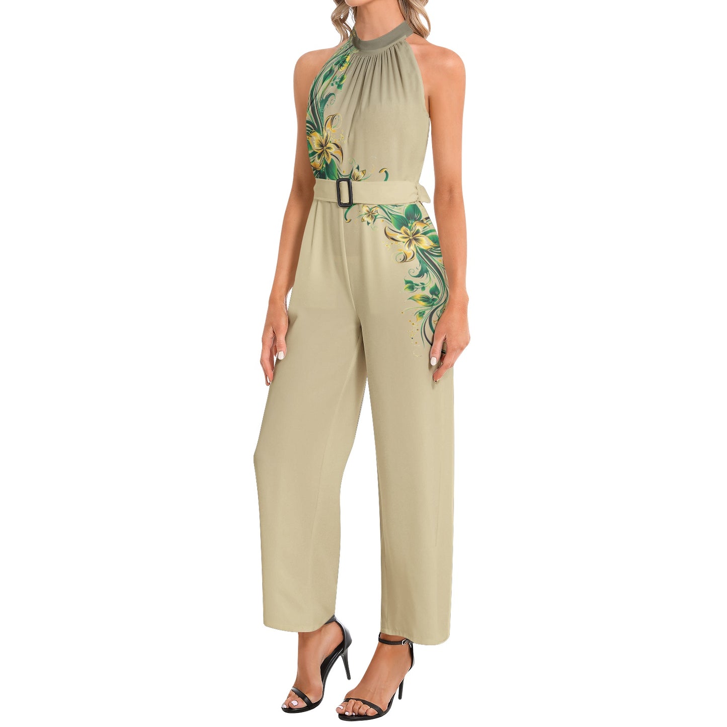 Artified Floral Dolman Sleeve Jumpsuit - Neduz, Belted Wide Leg Design, Notch Neck, High Waist