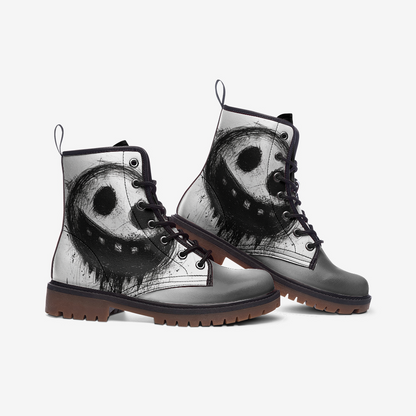 Neduz Black Crayon Grim Smiling Doodle Emoji Casual Leather Boots - Lightweight, Comfortable, Edgy Design