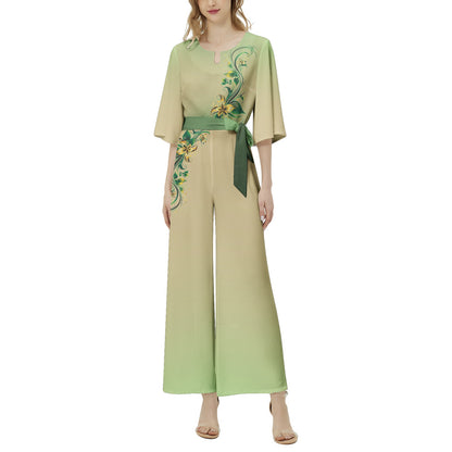 Neduz Incept Collection Halter Neck Jumpsuit - Buckle Belted, Beige with Green & Golden Flowers