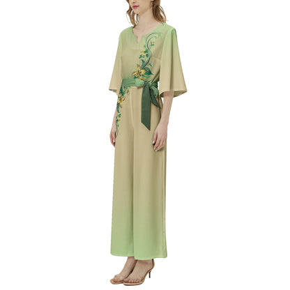 Neduz Incept Collection Halter Neck Jumpsuit - Buckle Belted, Beige with Green & Golden Flowers