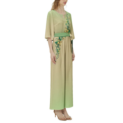 Neduz Incept Collection Halter Neck Jumpsuit - Buckle Belted, Beige with Green & Golden Flowers