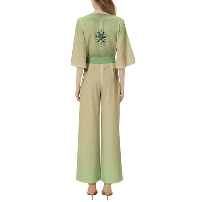 Neduz Incept Collection Halter Neck Jumpsuit - Buckle Belted, Beige with Green & Golden Flowers