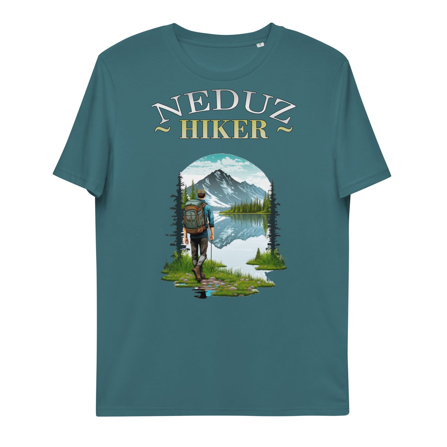 Unisex organic cotton t-shirt Lake Hiking Neduz Designs Hiker